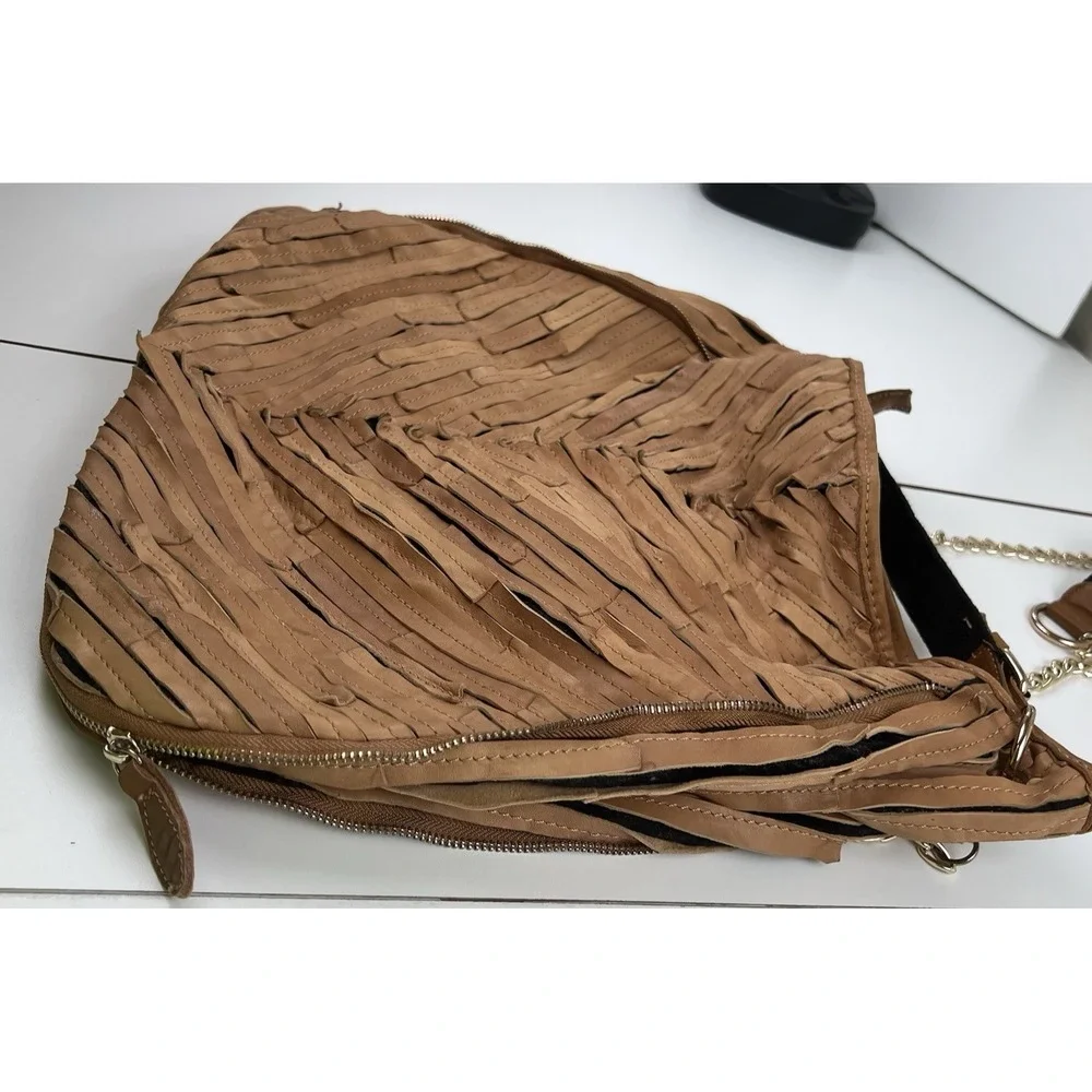 Genuine Leather Strips  Large Brown  Crossbody Bag in Chevron Pattern  ~17